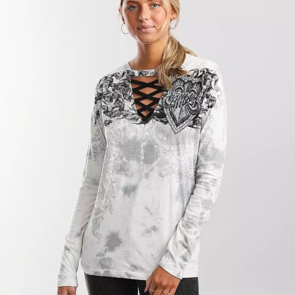 Affliction Fleur Shield lpng sleeve graphic embellished T-Shirt size XS